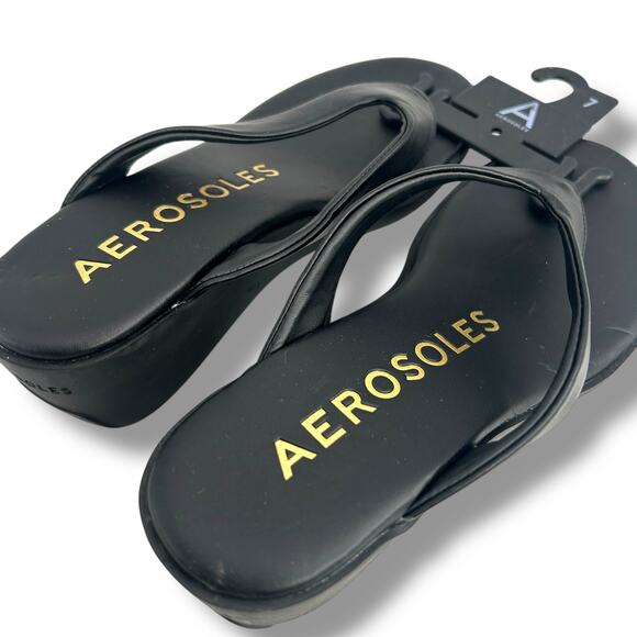 NEW Aerosoles Isha Wedge Sandals Size 7 Black Thong Platform Flip Flops - Picture 8 of 10